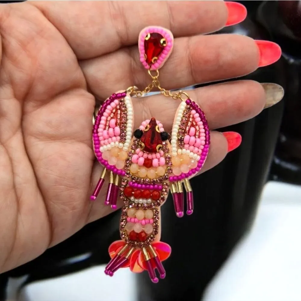 Beaded Lobster Earrings Sequin Bead Dangle Nautical Ocean Marine Jewelry Pierced